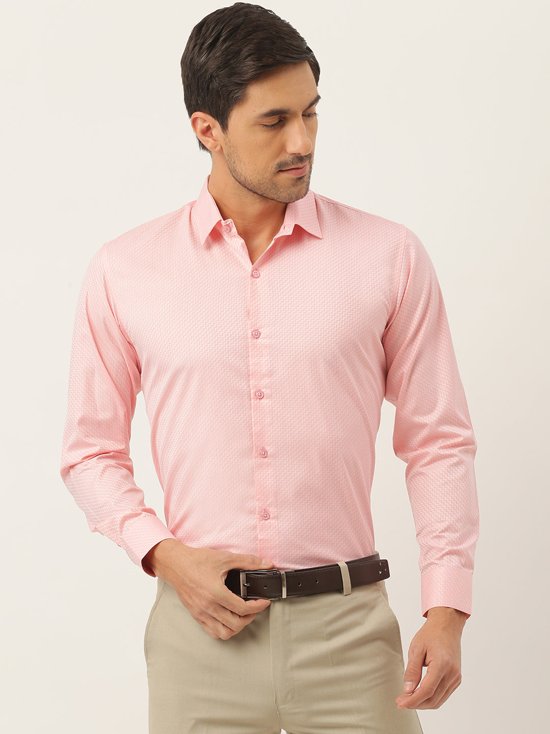 Mens Cotton Pink Self Design Formal Shirt - Sojanya