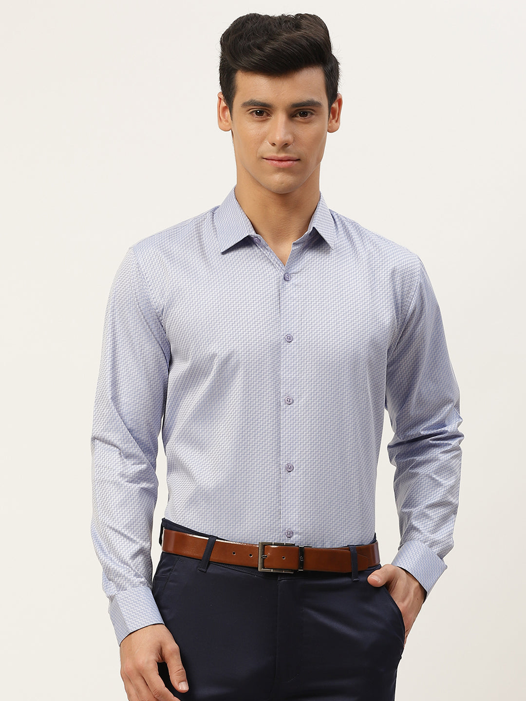 Mens Cotton Blue Self Design Formal Shirt - Sojanya