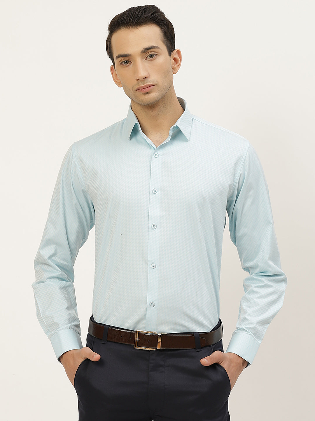 Mens Cotton Sea Green Self Design Formal Shirt - Sojanya