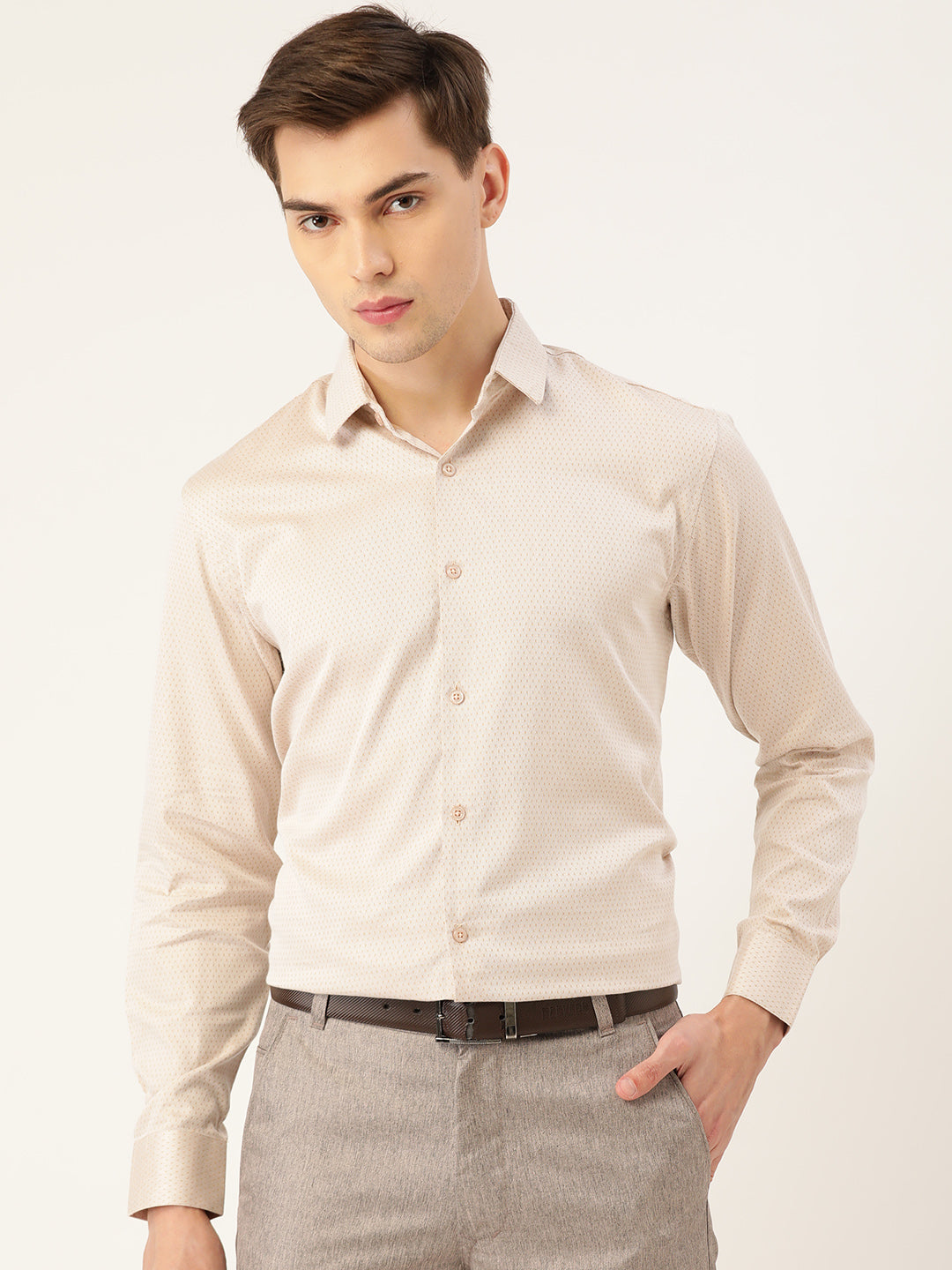 Mens Cotton Beige Self Design Formal Shirt - Sojanya