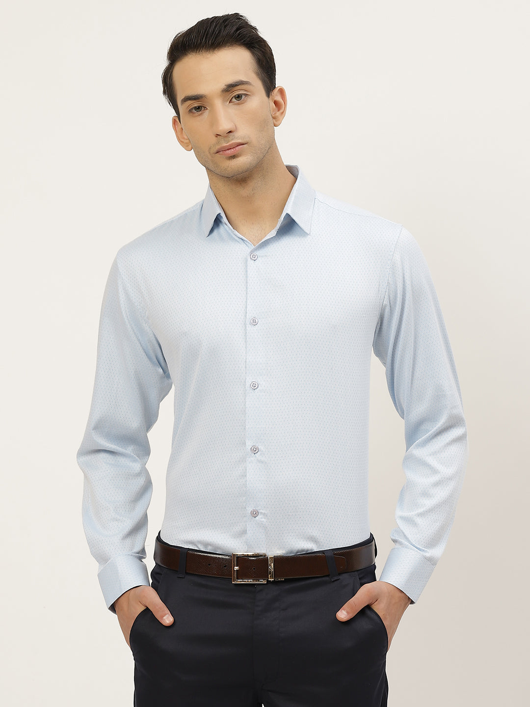 Mens Cotton Sky Blue Self Design Formal Shirt - Sojanya