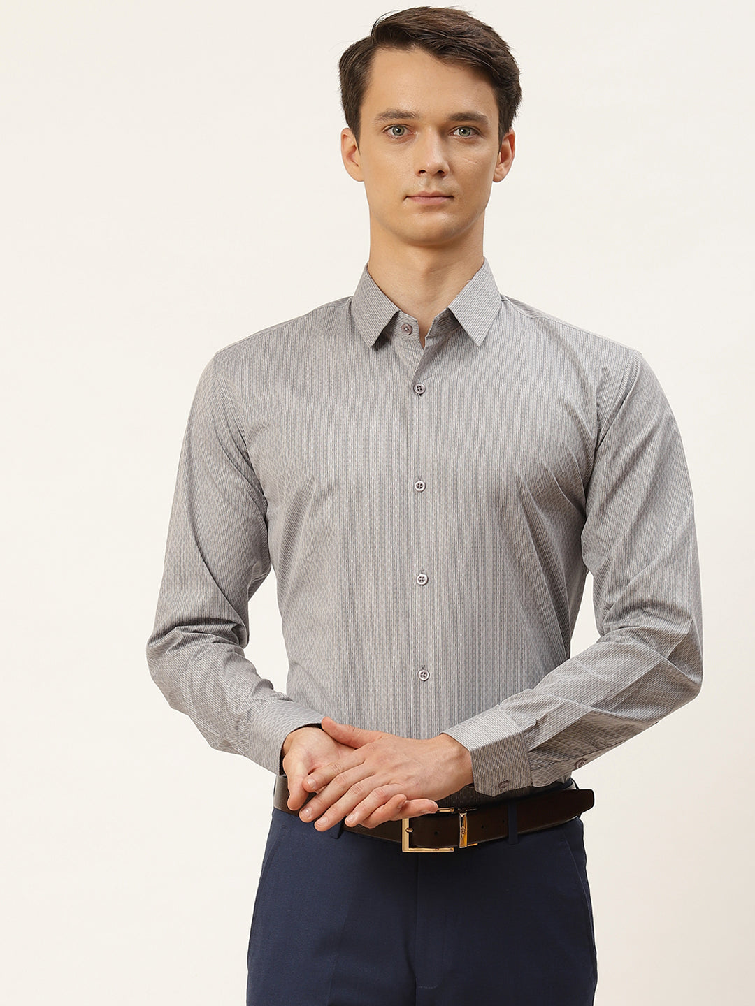 Mens Cotton Grey & Off White Striped Formal Shirt - Sojanya