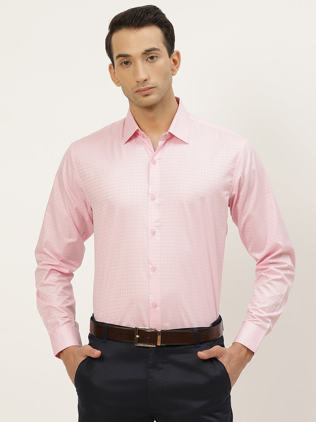 Mens Cotton Pink Checked Formal Shirt - Sojanya