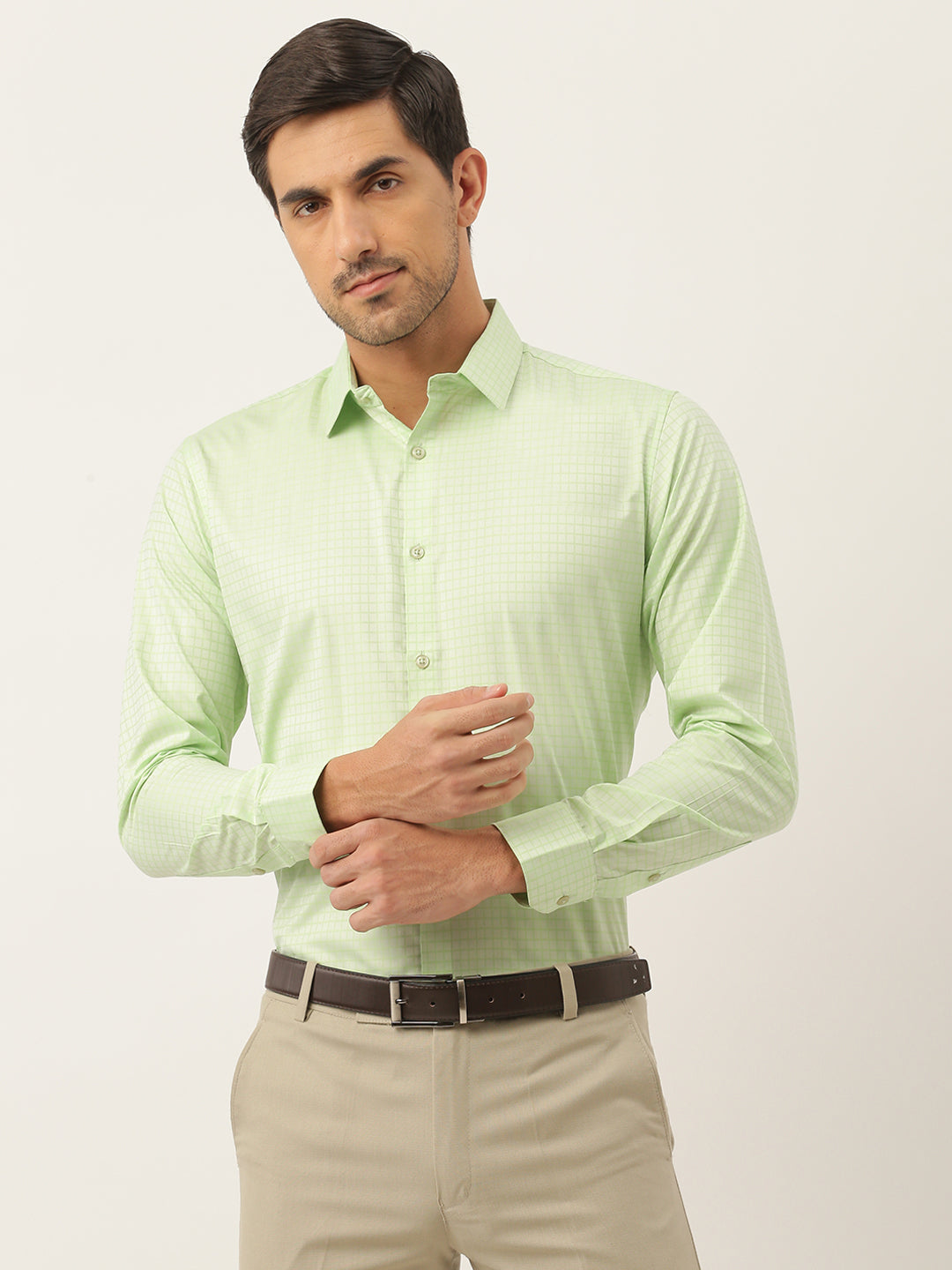 Mens Cotton Green Checked Formal Shirt - Sojanya