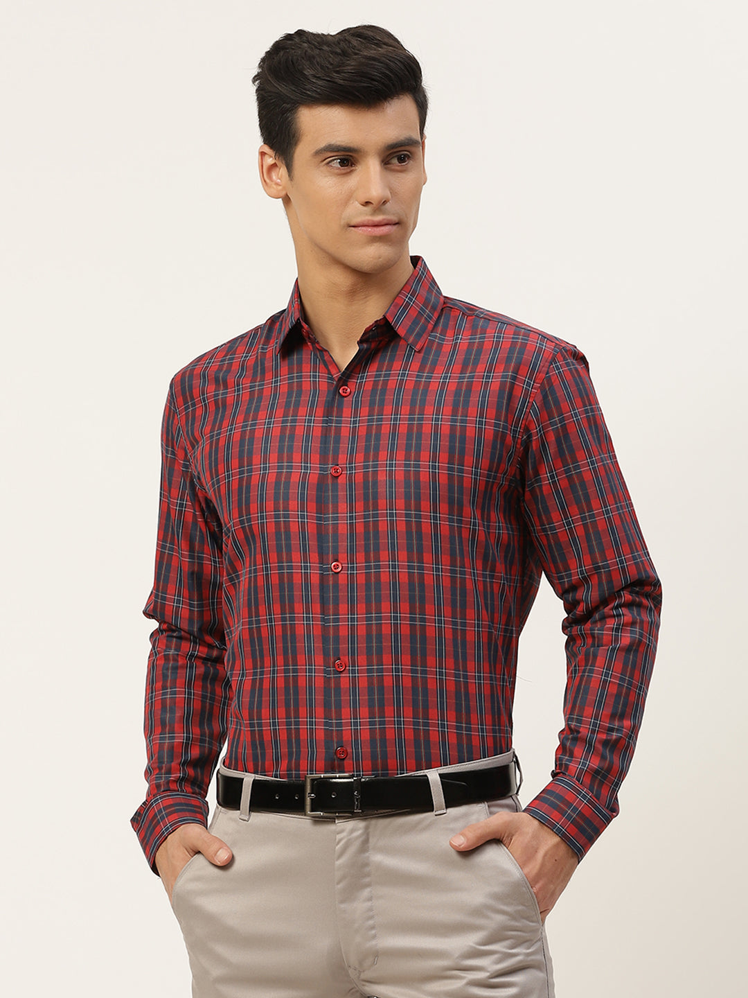 Mens Cotton Red & Navy Blue Checked Formal Shirt - Sojanya