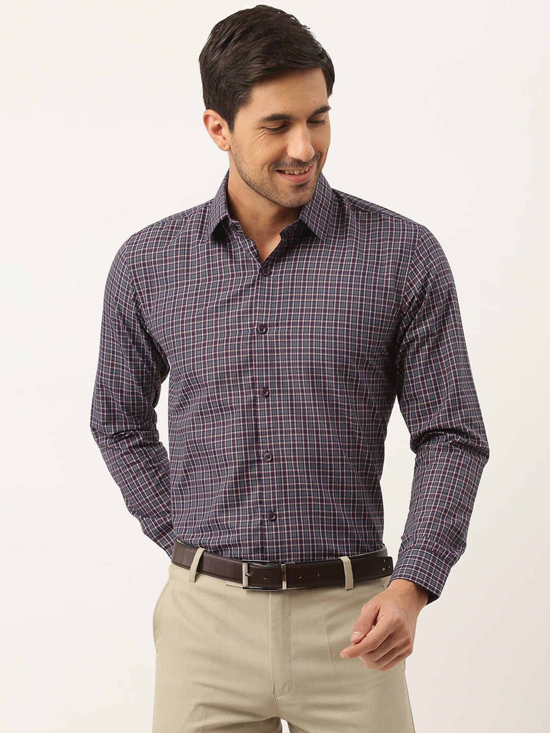 Mens Cotton Navy Blue & Grey Checked Formal Shirt - Sojanya