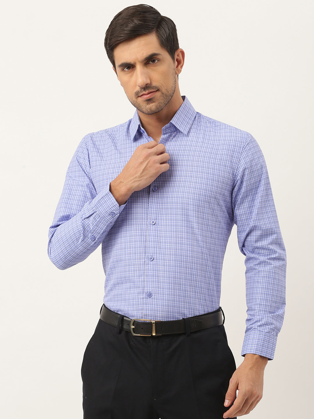 Mens Cotton Blue & Off White Checked Formal Shirt - Sojanya