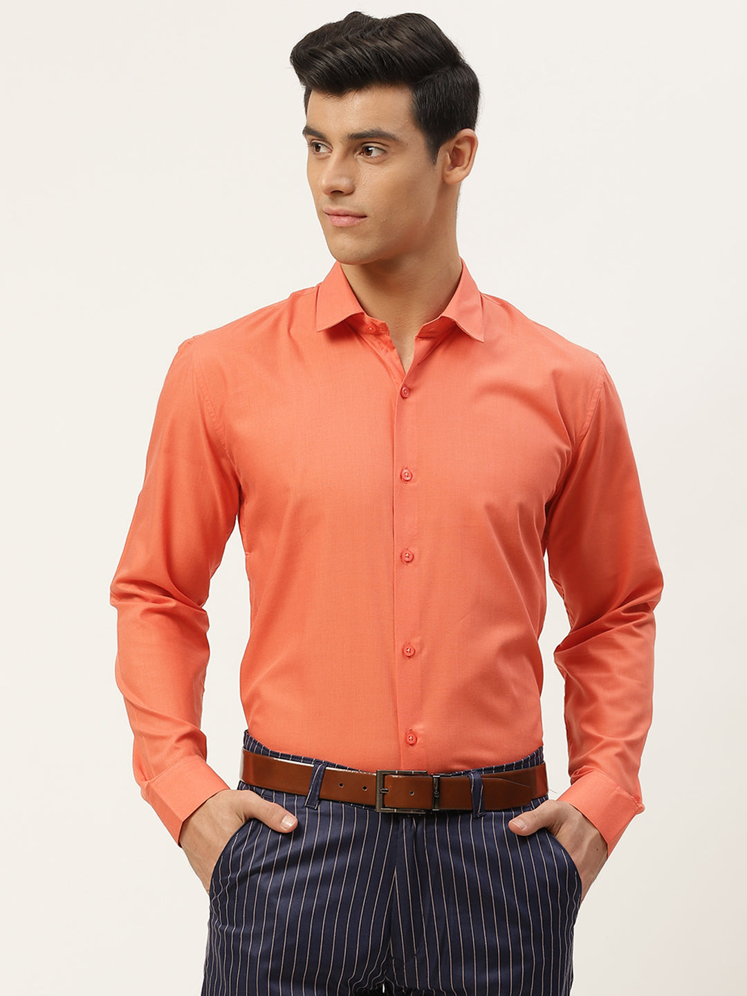 Men's Cotton Orange Classic Formal Shirt - Sojanya