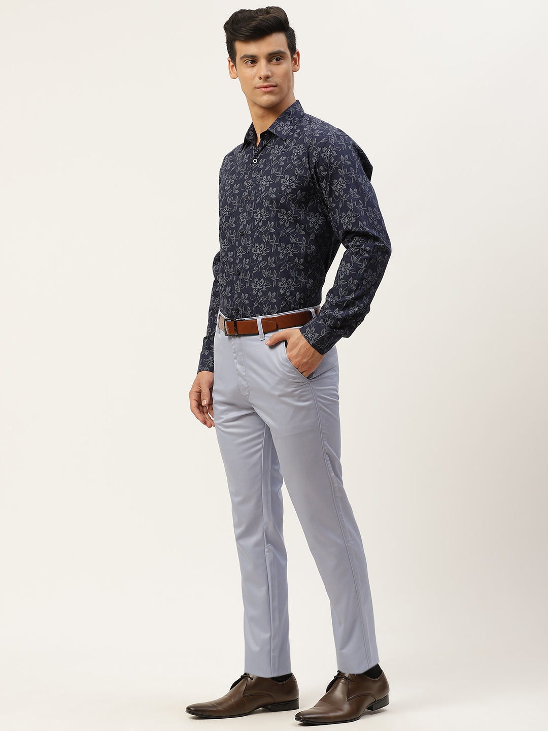 Mens Cotton Navy Blue & Grey Printed Formal Shirt - Sojanya