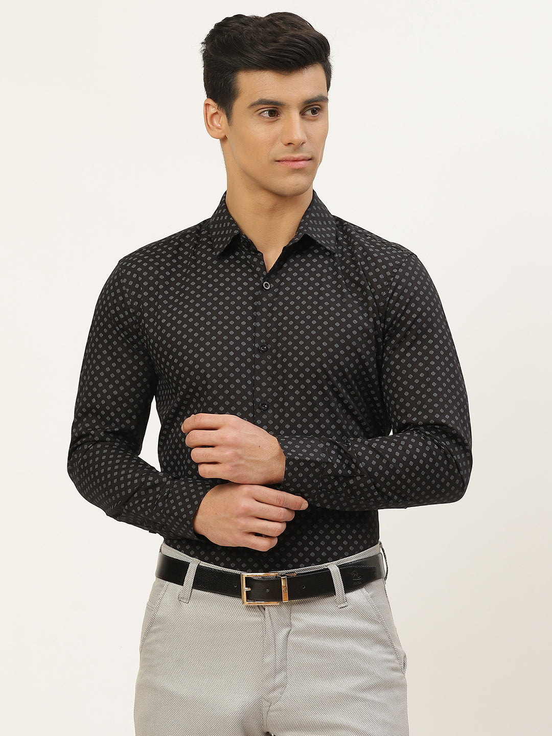 Mens Cotton Black & Grey Printed Formal Shirt - Sojanya