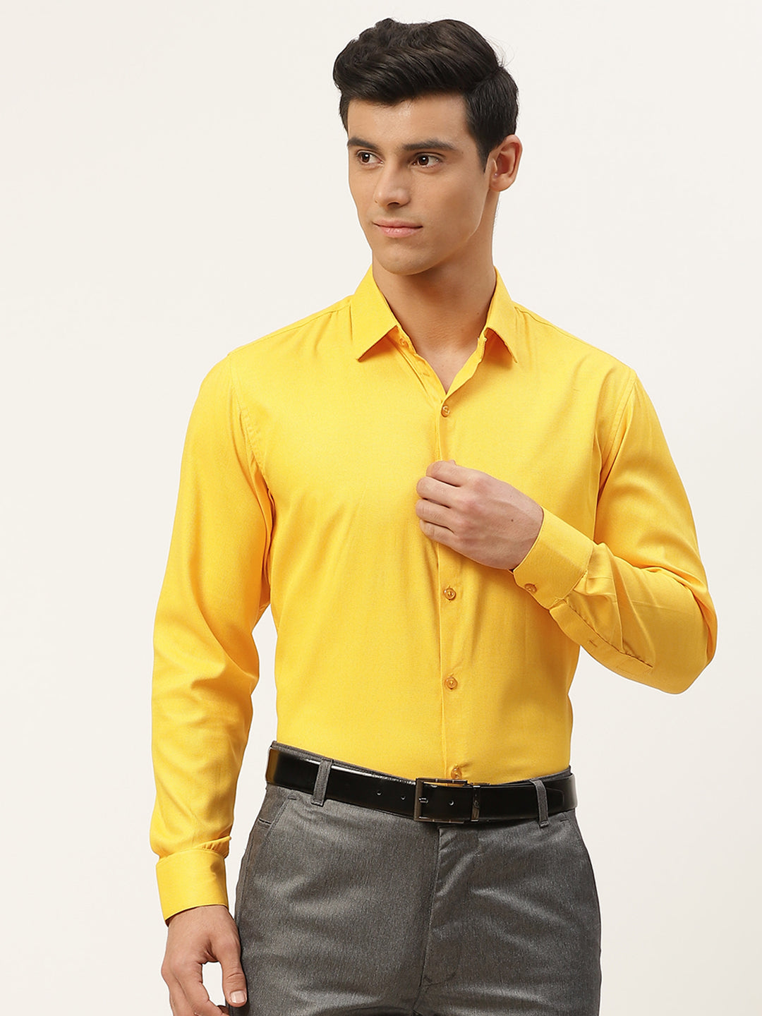 Men's Cotton Dark Yellow Self Design Classic Formal Shirt - Sojanya