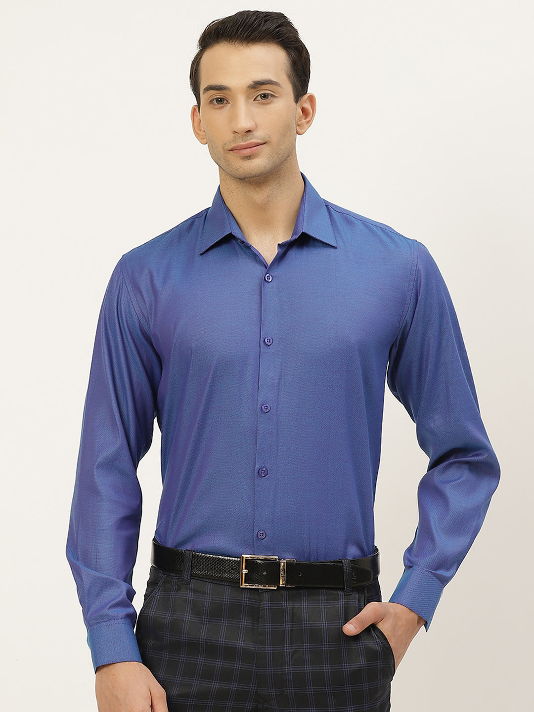 Men's Cotton Blue Self Design Classic Formal Shirt - Sojanya