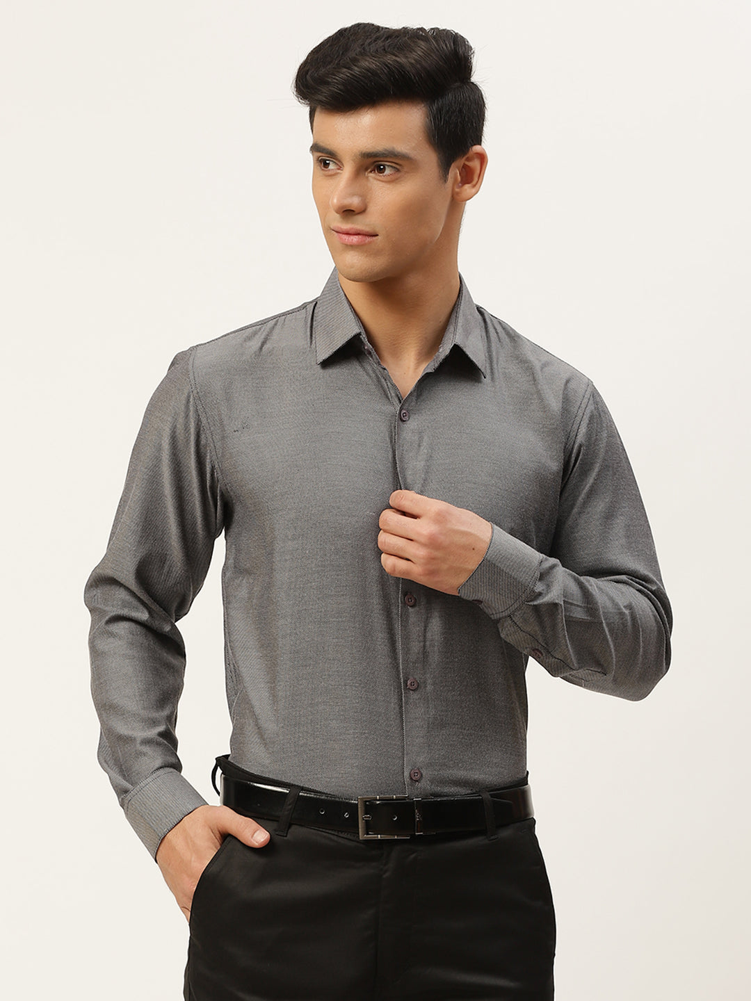 Men's Cotton Charcoal Grey Self Design Classic Formal Shirt - Sojanya