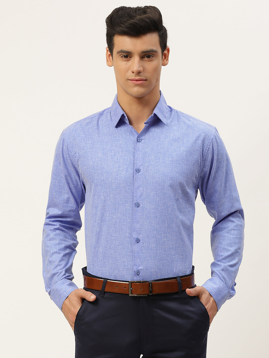 Mens Cotton Linen Blue Solid Formal Shirt - Sojanya