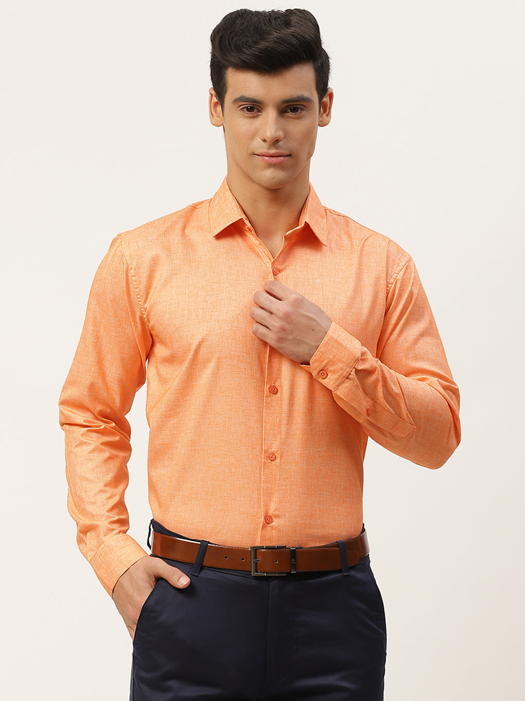 Mens Cotton Linen Orange Solid Formal Shirt - Sojanya