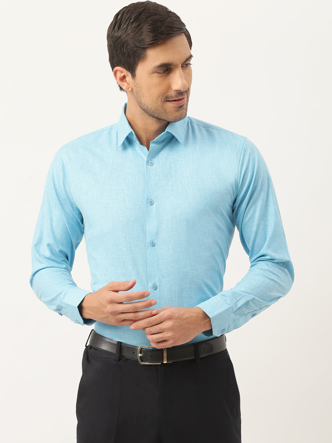 Mens Cotton Linen Sky Blue Solid Formal Shirt - Sojanya