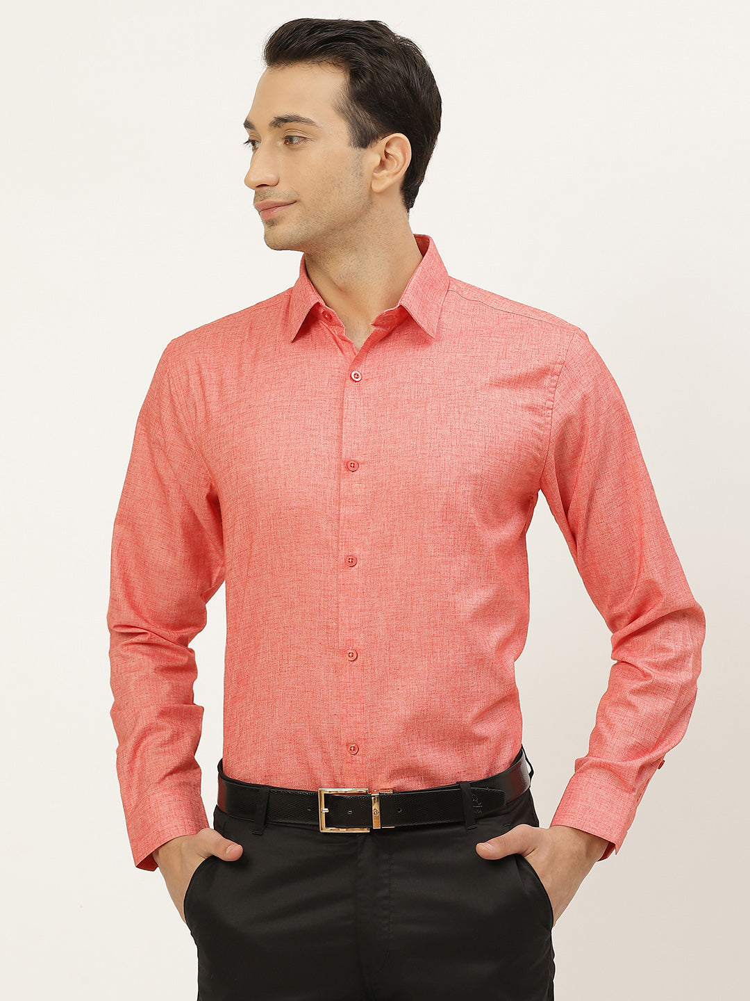 Mens Cotton Linen Coral Solid Formal Shirt - Sojanya