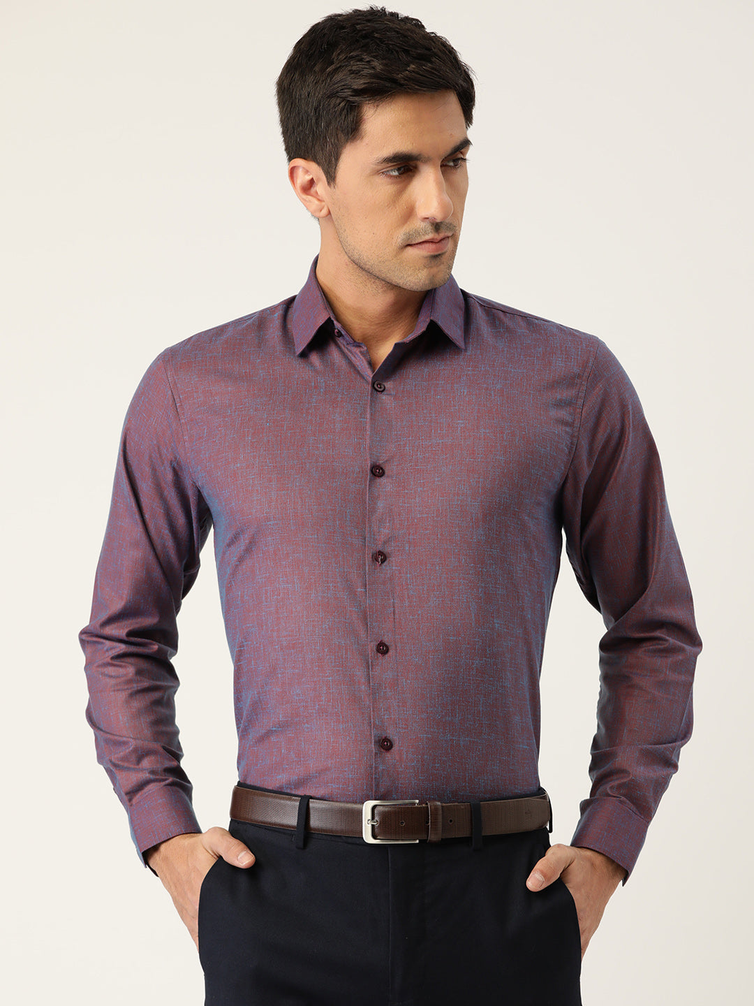 Mens Cotton Linen Dark Purple Solid Formal Shirt - Sojanya