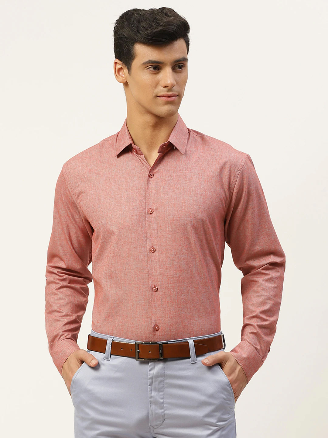 Mens Cotton Linen Red & Grey Solid Formal Shirt - Sojanya