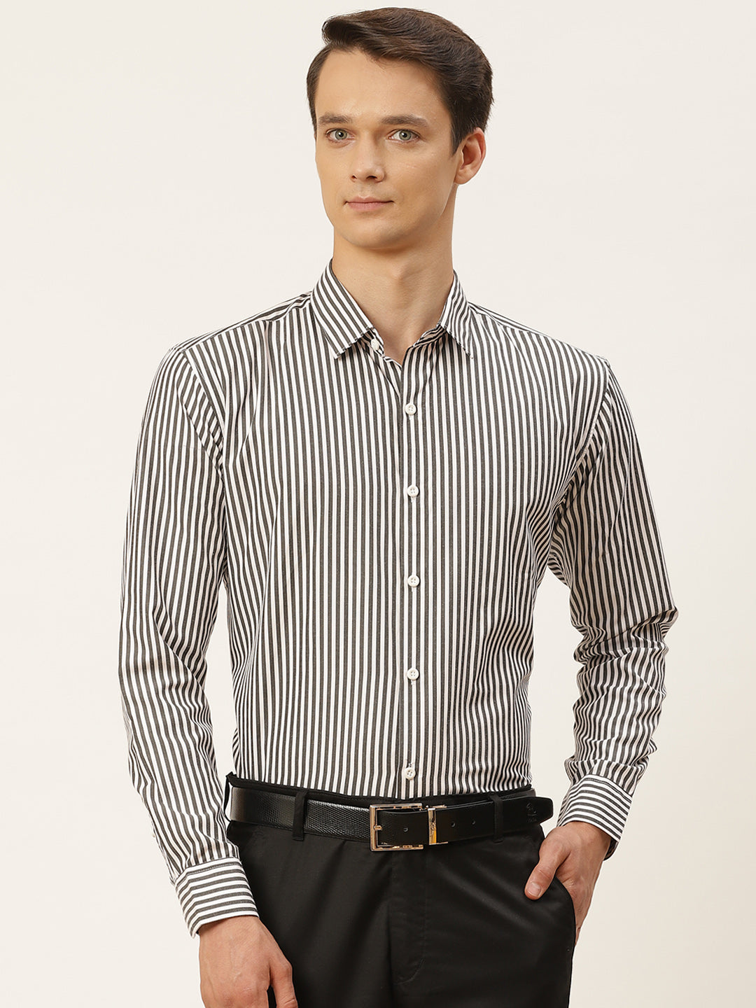 Men's Cotton Black & White Striped Formal Shirt - Sojanya