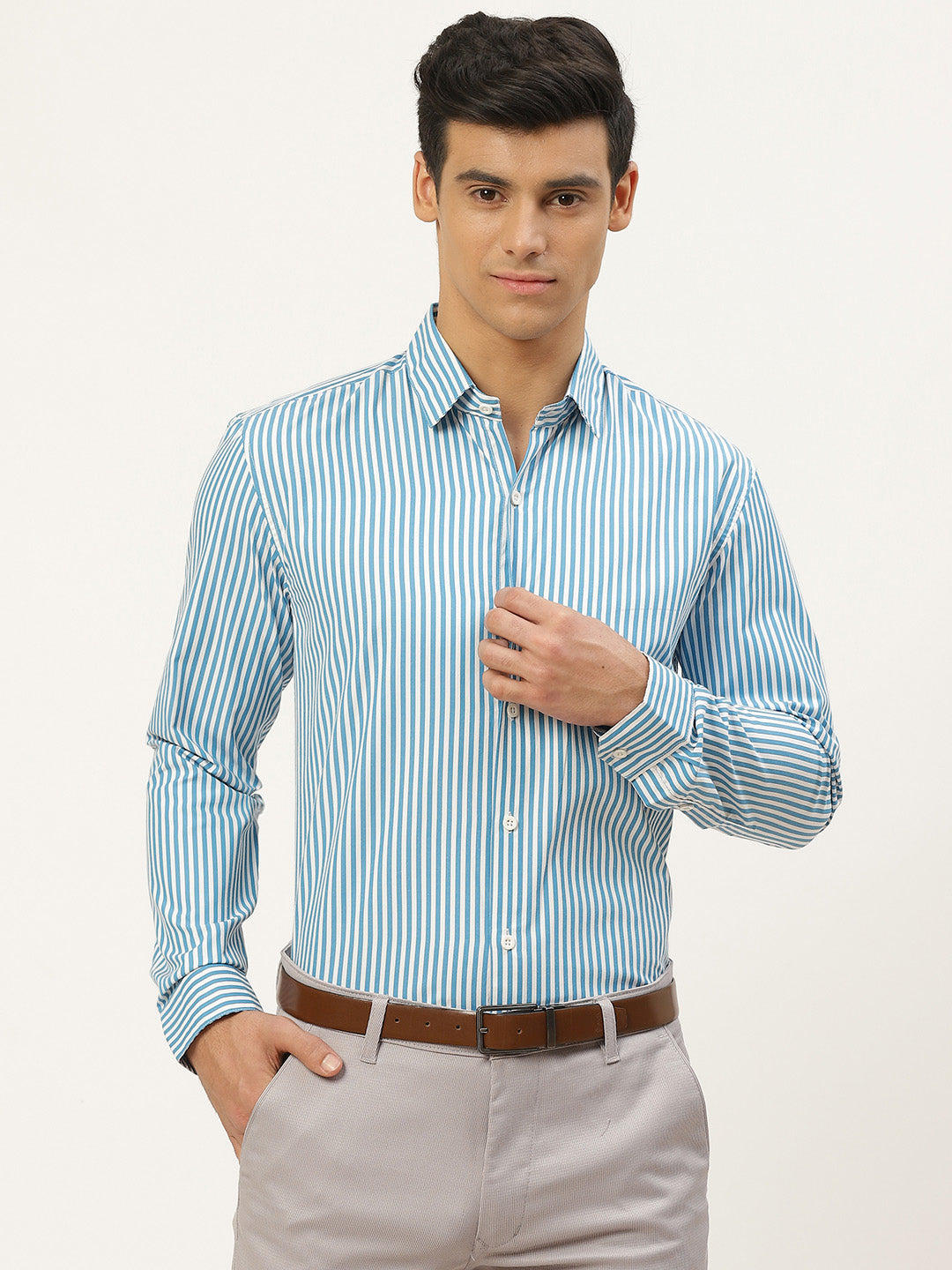 Men's Cotton Teal Blue & White Striped Formal Shirt - Sojanya