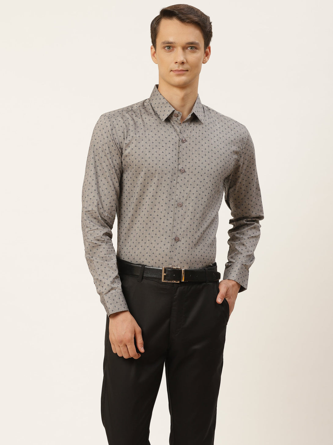 Mens Cotton Grey & Black Printed Formal Shirt - Sojanya