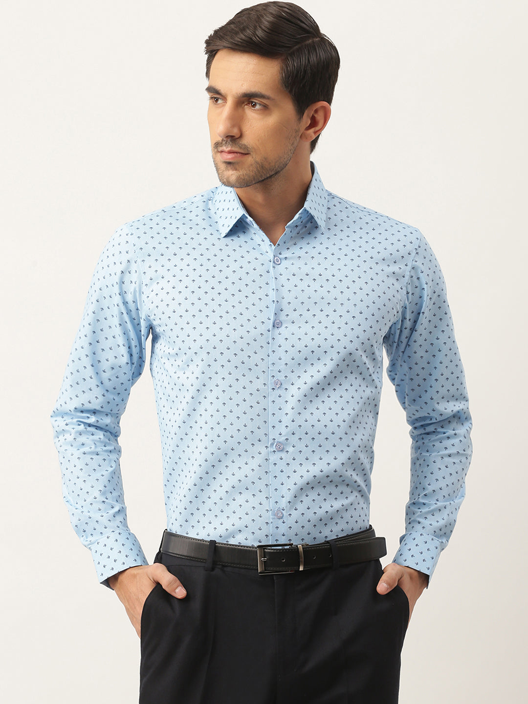 Mens Cotton Sky Blue & Black Printed Formal Shirt - Sojanya