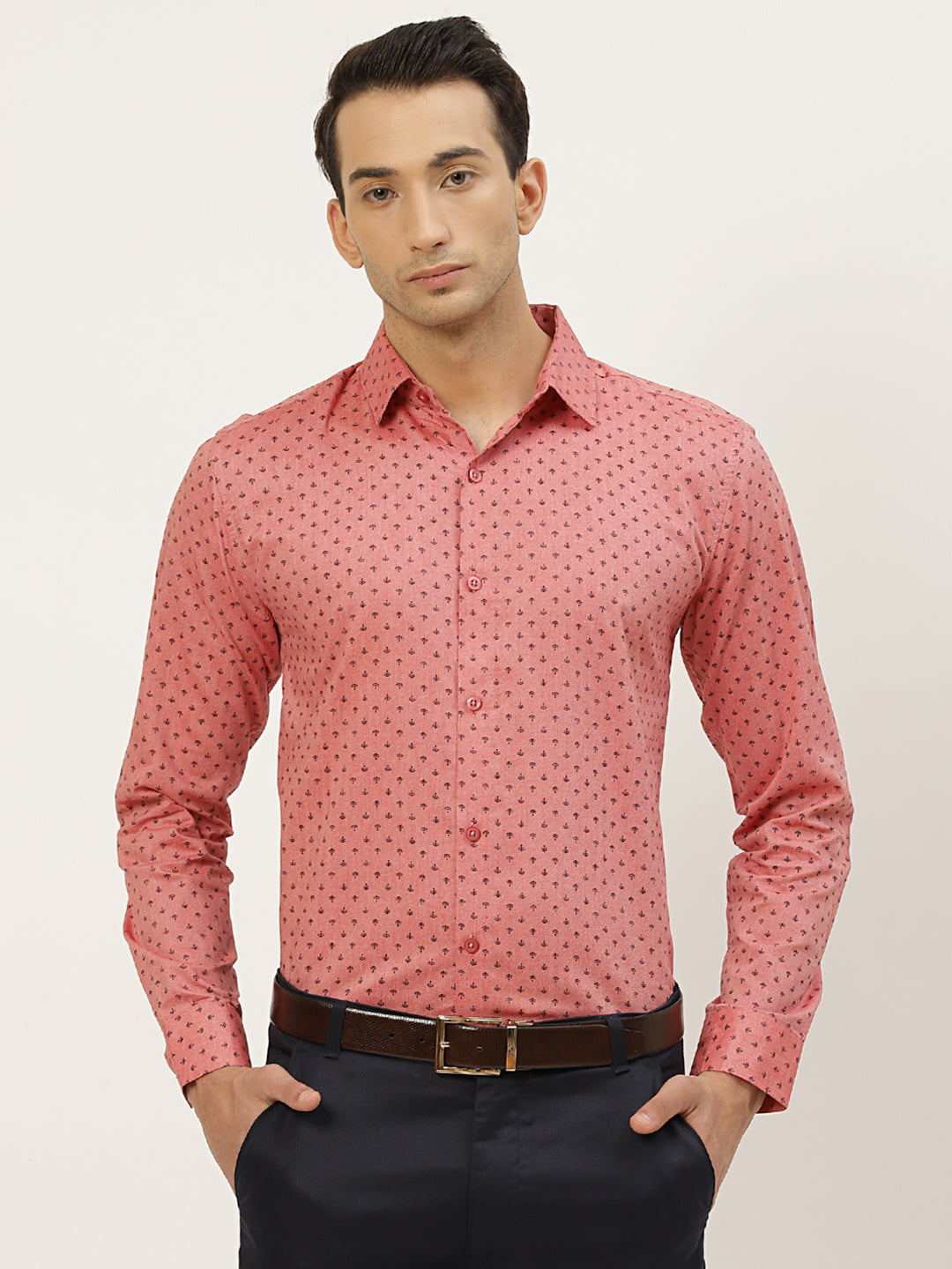 Mens Cotton Coral Red & Black Printed Formal Shirt - Sojanya