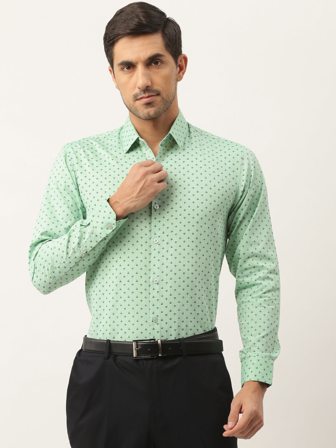 Mens Cotton Green & Black Printed Formal Shirt - Sojanya