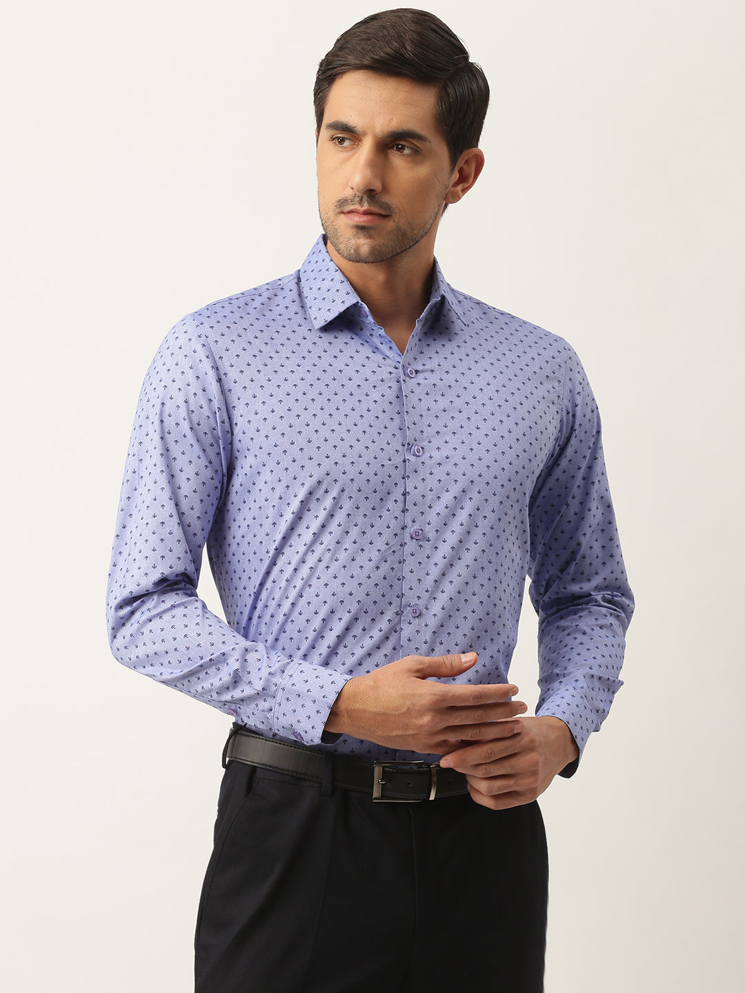 Mens Cotton Blue & Black Printed Formal Shirt - Sojanya