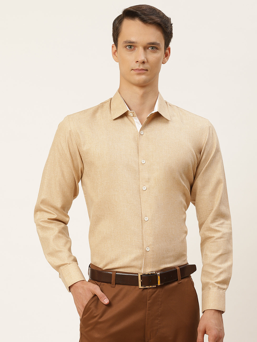 Men's Cotton Linen Brown Formal Shirt - Sojanya