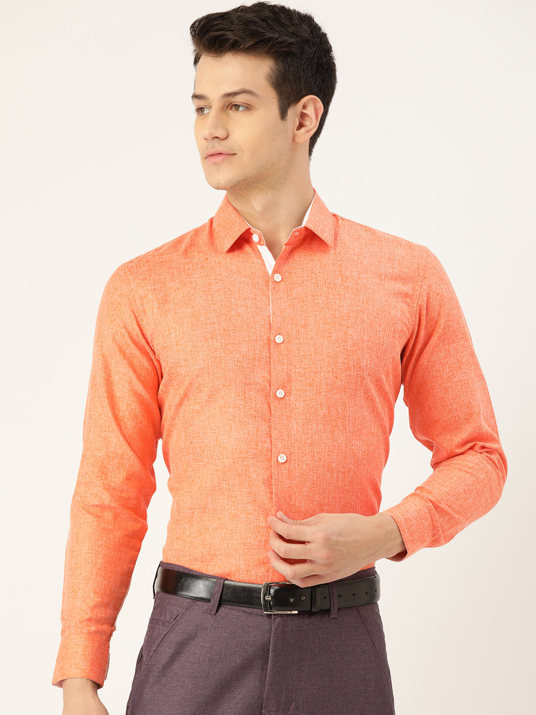 Men's Cotton Linen Orange Formal Shirt - Sojanya