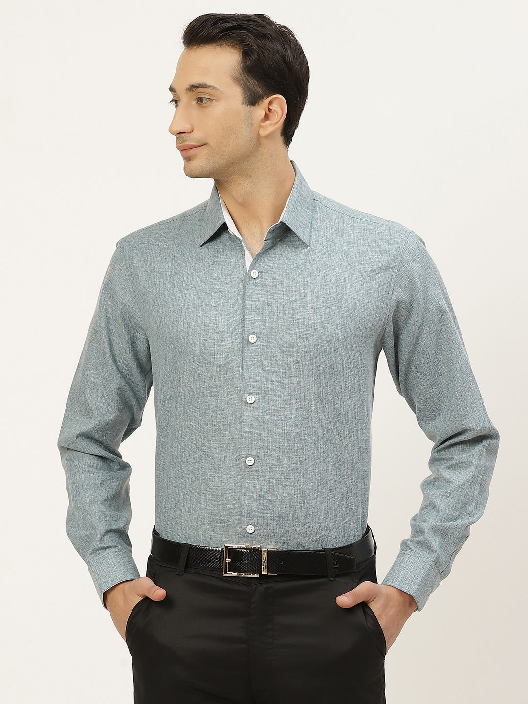 Men's Cotton Linen Teal Green Formal Shirt - Sojanya