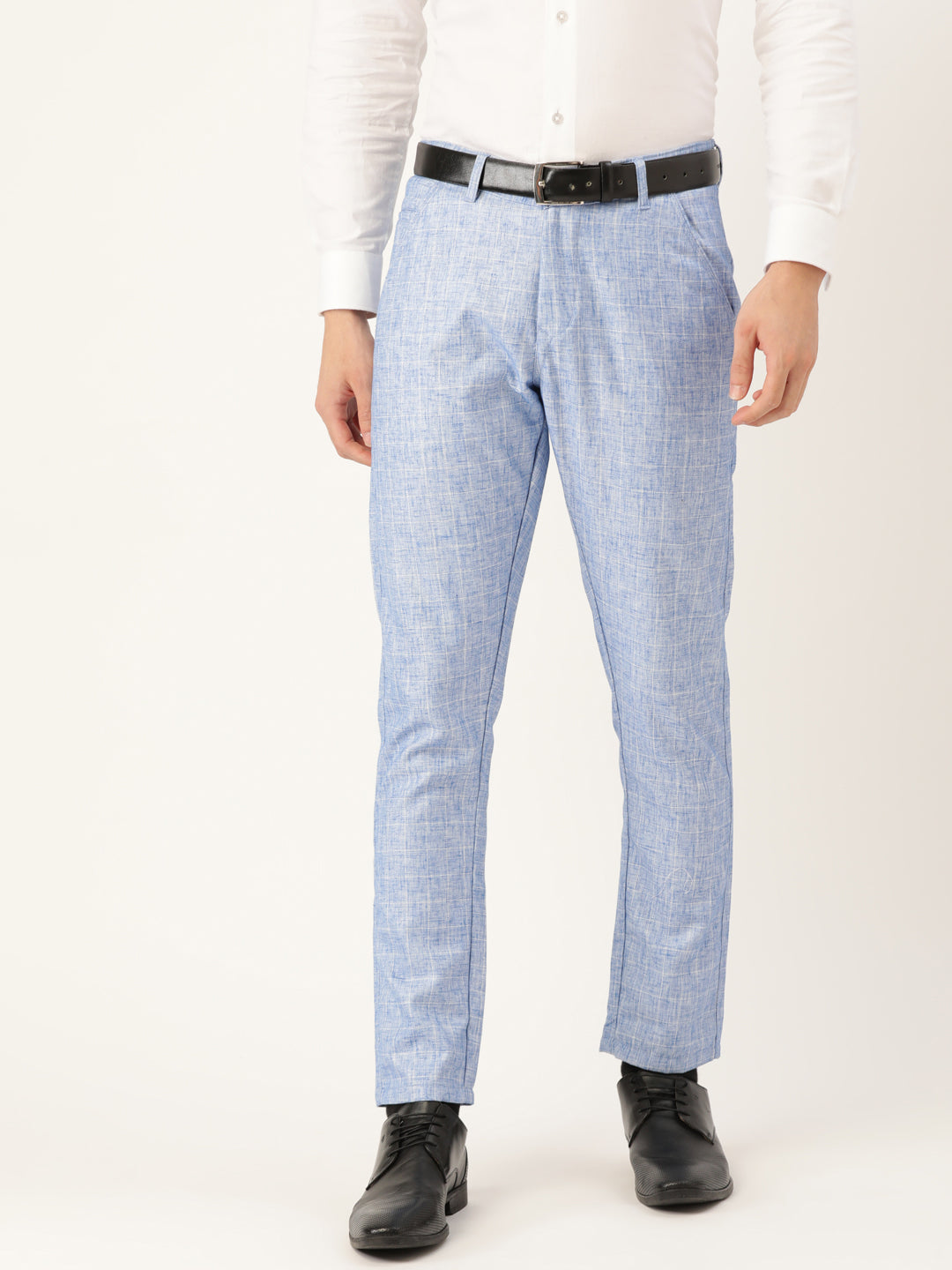 Men's Cotton Blend Blue & Off White Checked Formal Trousers - Sojanya