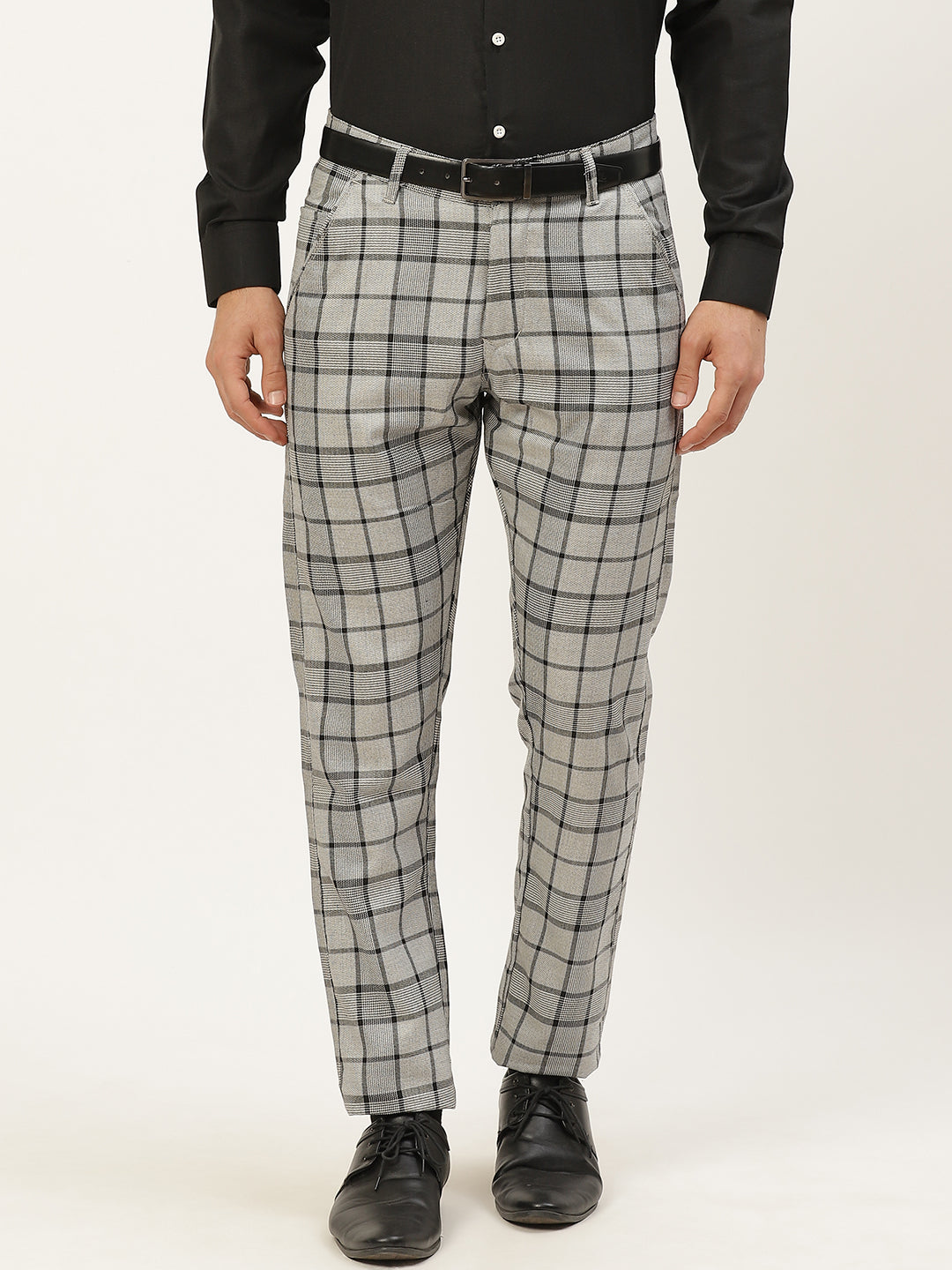 Men's Cotton Blend Grey & Black Checked Formal Trousers - Sojanya