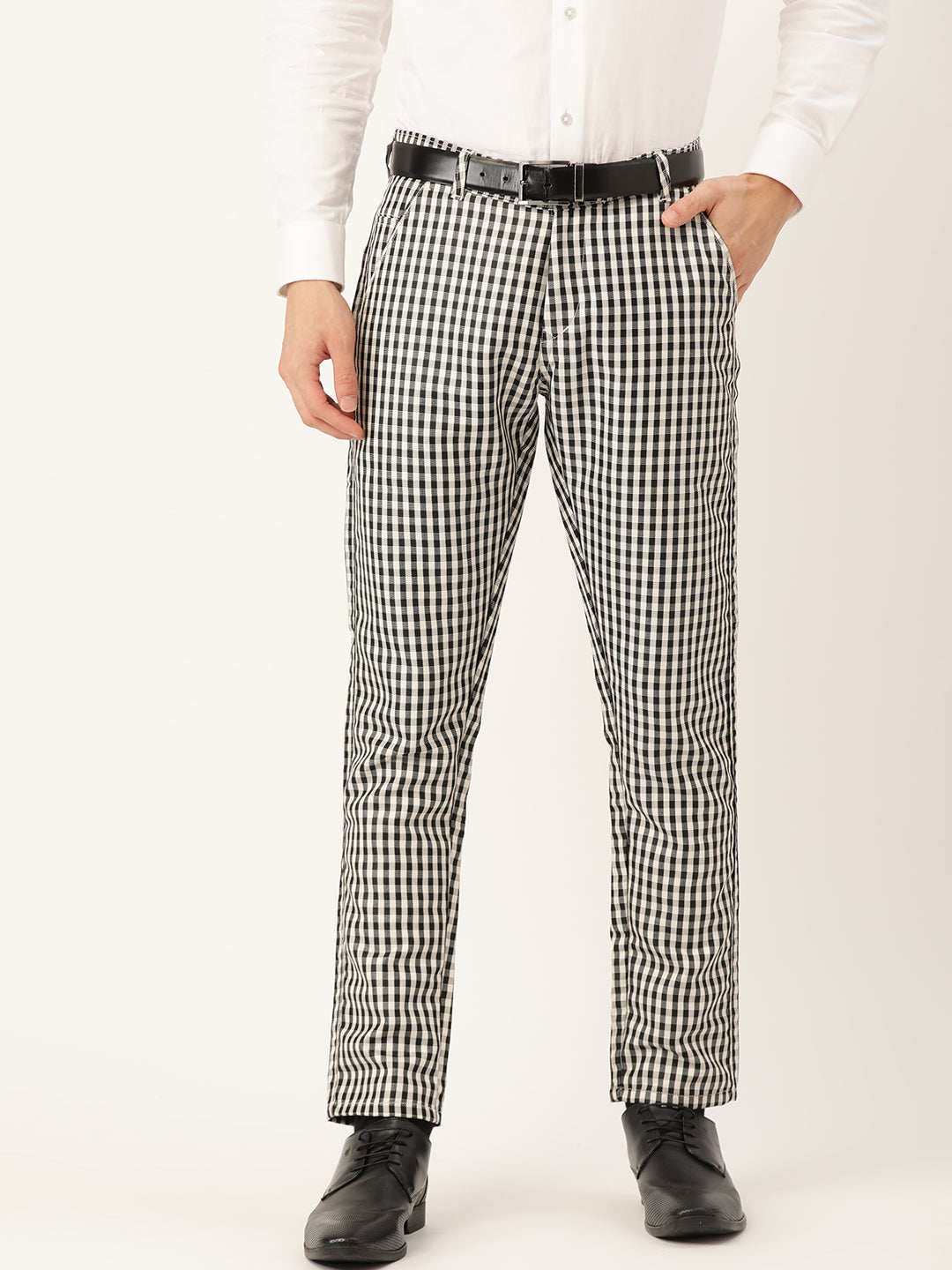 Men's Cotton Blend Black & White Checked Formal Trousers - Sojanya