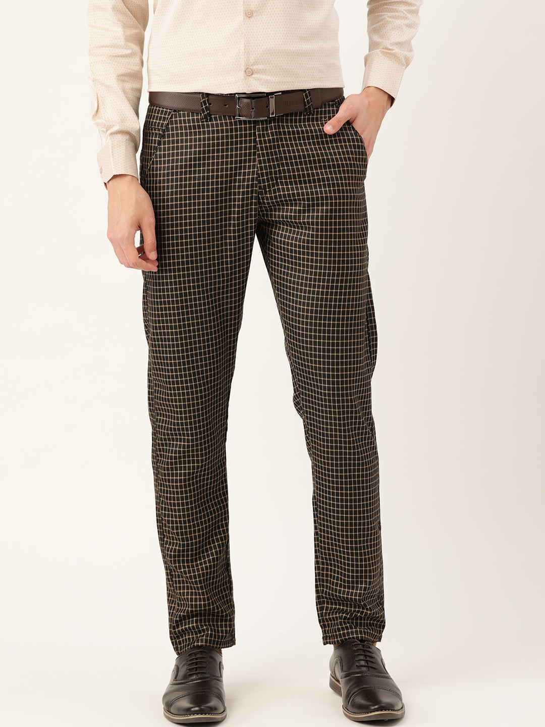 Men's Cotton Blend Black & Beige Checked Formal Trousers - Sojanya