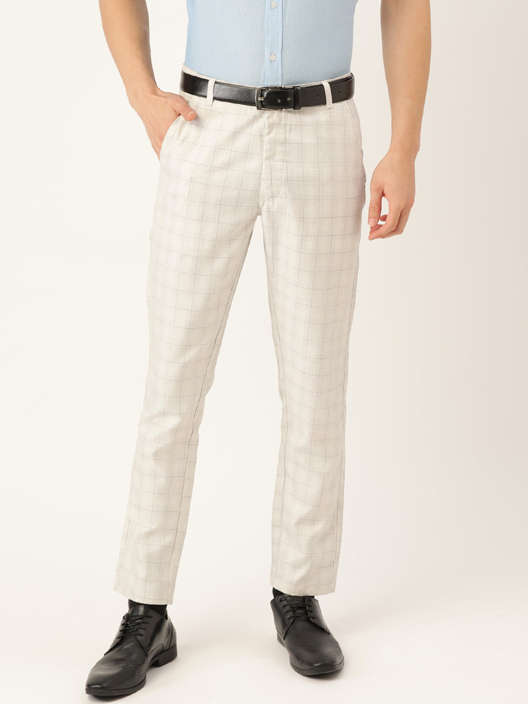 Men's Cotton Blend Cream & Grey Checked Formal Trousers - Sojanya