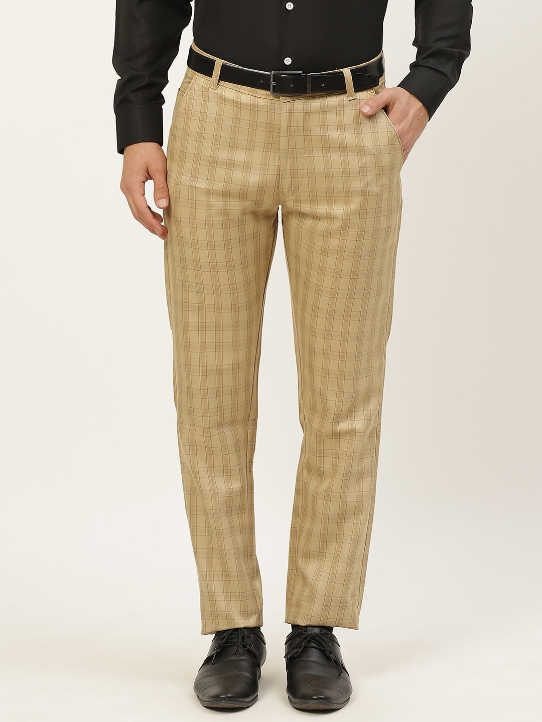 Men's Cotton Blend Beige & Green Checked Formal Trousers - Sojanya