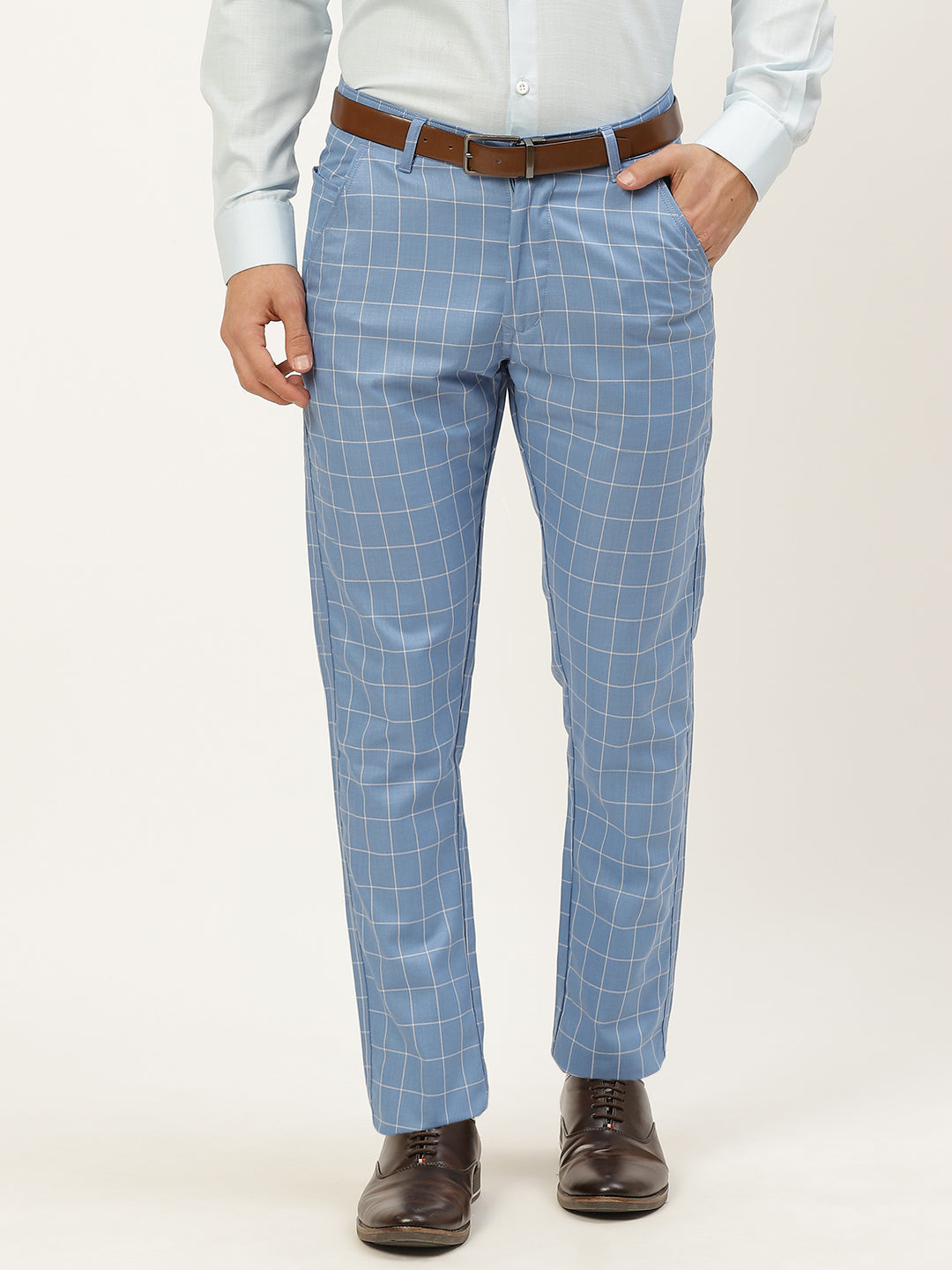 Men's Cotton Blend Blue & Off White Checked Formal Trousers - Sojanya