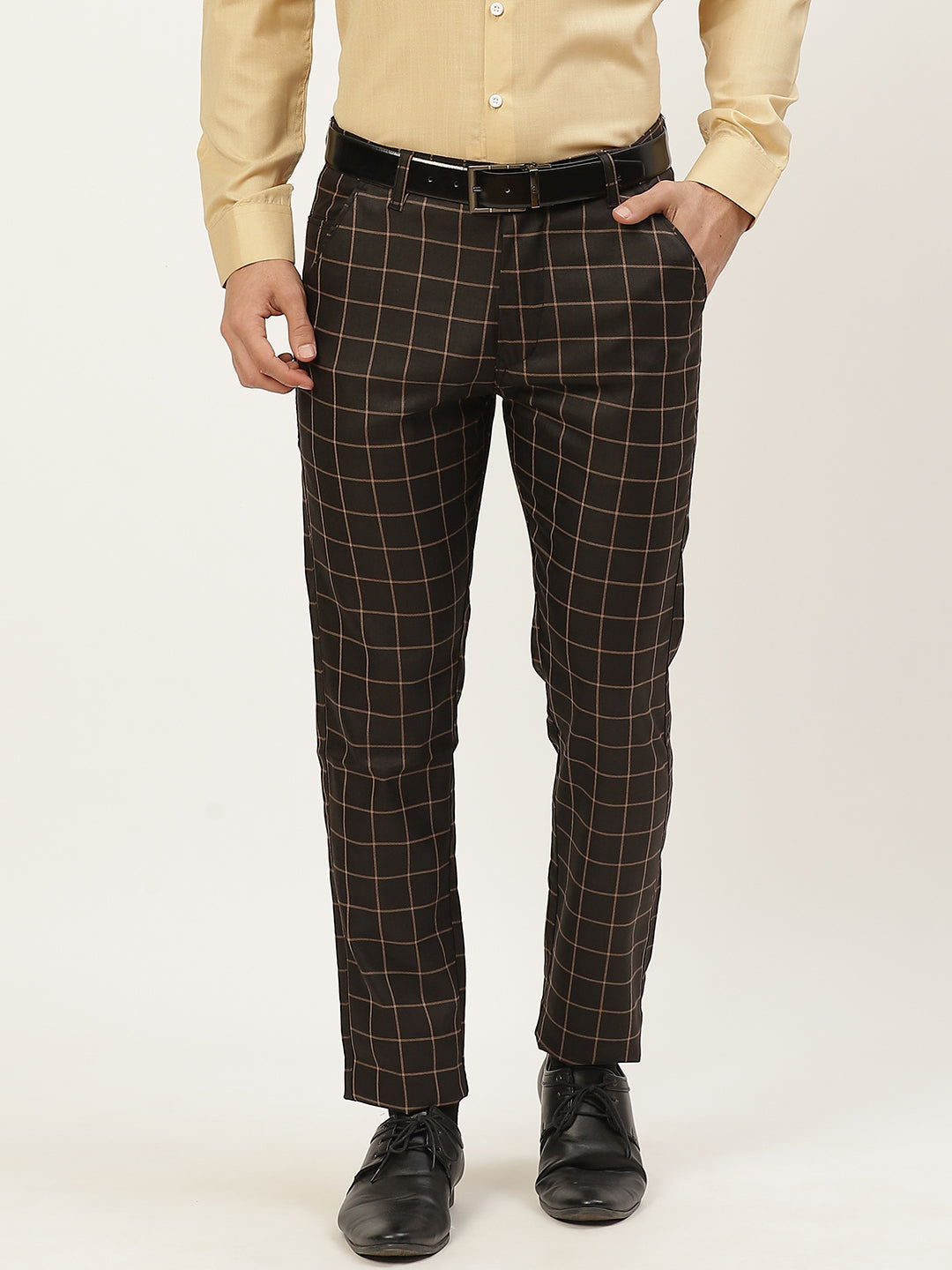 Men's Cotton Blend Black & Beige Checked Formal Trousers - Sojanya