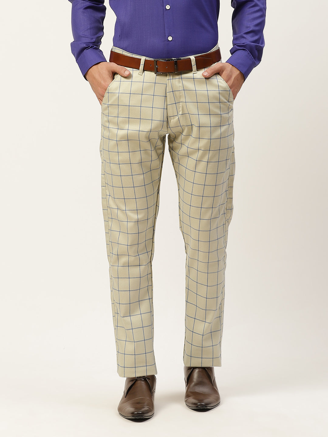 Men's Cotton Blend Pistagreen & Blue Checked Formal Trousers - Sojanya