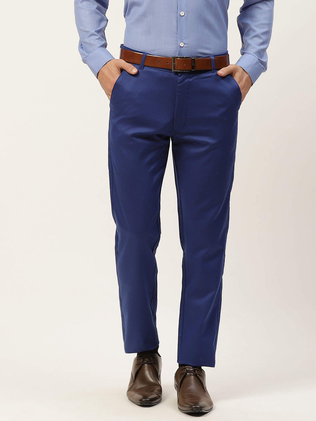 Men's Cotton Blend Royal Blue Solid Formal Trousers - Sojanya