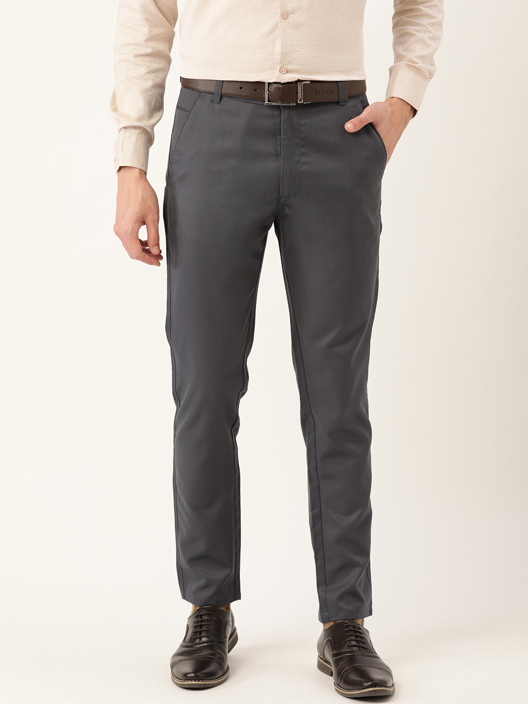 Men's Cotton Blend Charcoal Grey Solid Formal Trousers - Sojanya