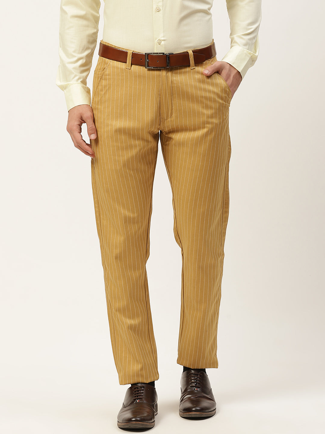 Men's Cotton Blend Gold & Offwhite Striped Formal Trousers - Sojanya