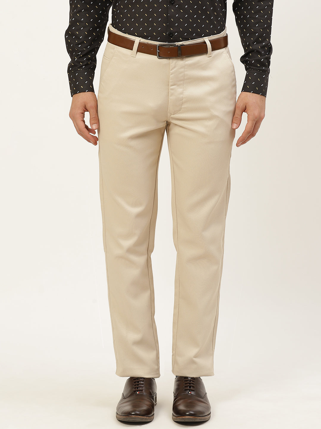 Men's Cotton Blend Beige Woven Design Formal Trousers - Sojanya