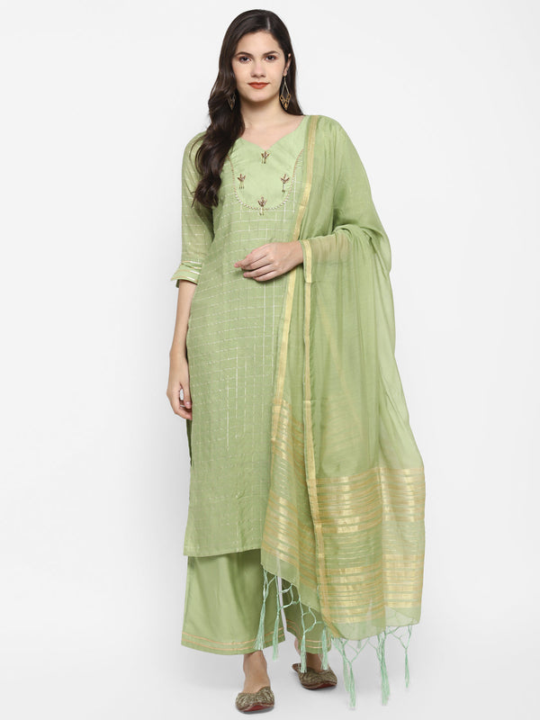 Women's Green Color Chanderi Silk Embroidered Straight Kurta Palazzo With Dupatta - VAABA