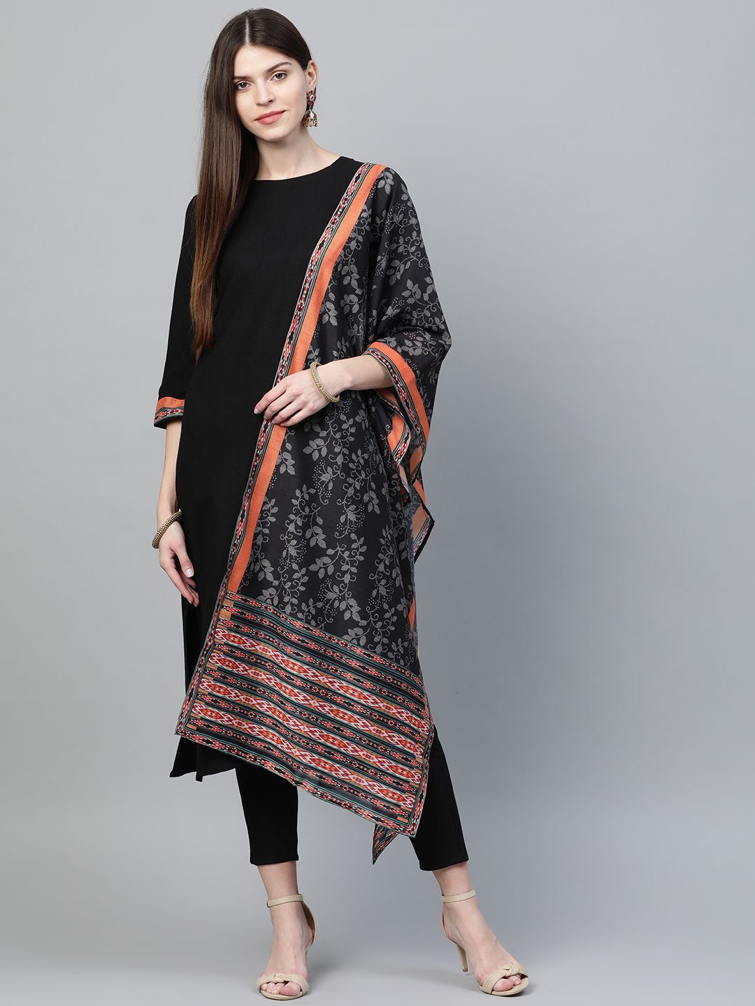 Women's Black Dyed Straight Rayon Kurta, Pant With Dupatta - Ziyaa