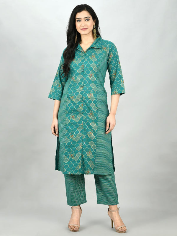 Women's Green Cotton Printed 3/4 Sleeve Shirt Coller Casual Kurta Pant Set - Myshka