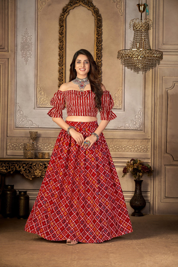 Women's Red Moscow Printed Ready-Made Choli Skirt - Dwija Fashion